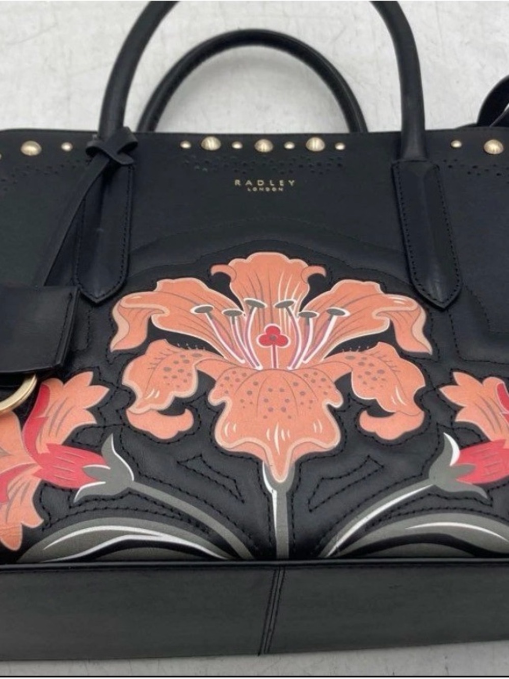 RADLEY LONDON Black Leather Satchel with Peach Floral Appliqué